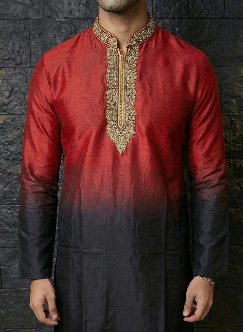 Lehar Men’s Red &amp; Black Ombre Silk Kurta with Zipper Neckline Embroidery